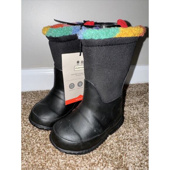 Hunter Black Rainbow Sherpa Lined Rubber Snow Winter Boots Sz 5 Kids HD4 - Picture 1 of 5